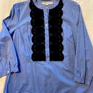 Boden Chambray with navy lace detail.